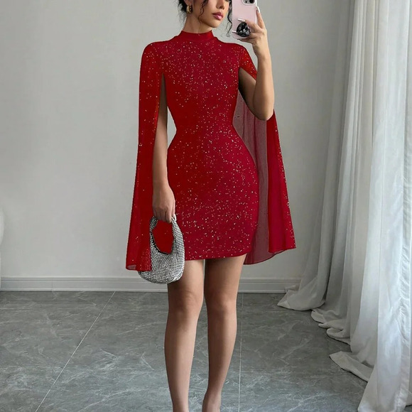 Red Party Women's Fitted Short Casual Mock Neck Flared Sleeve Bodycon Dress - Picture 6 of 7